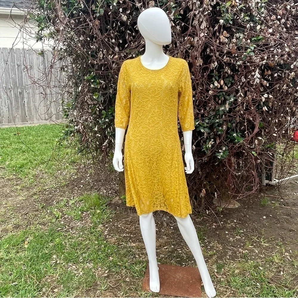 L & B Lucky & Blessed Lace Overlay Lined Mustard Yellow Midi Dress